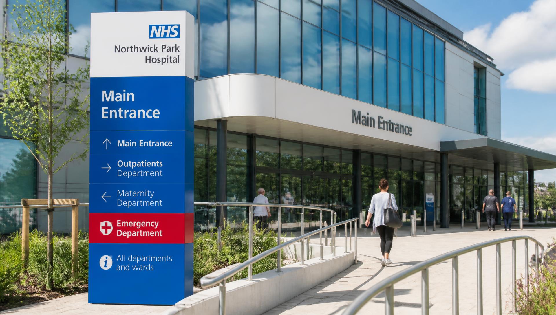 Modern UK NHS hospital main entrance with clear wayfinding totem signage and accessible pathway