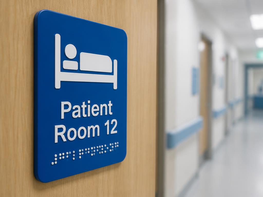 High-contrast tactile Braille room sign mounted on a healthcare door