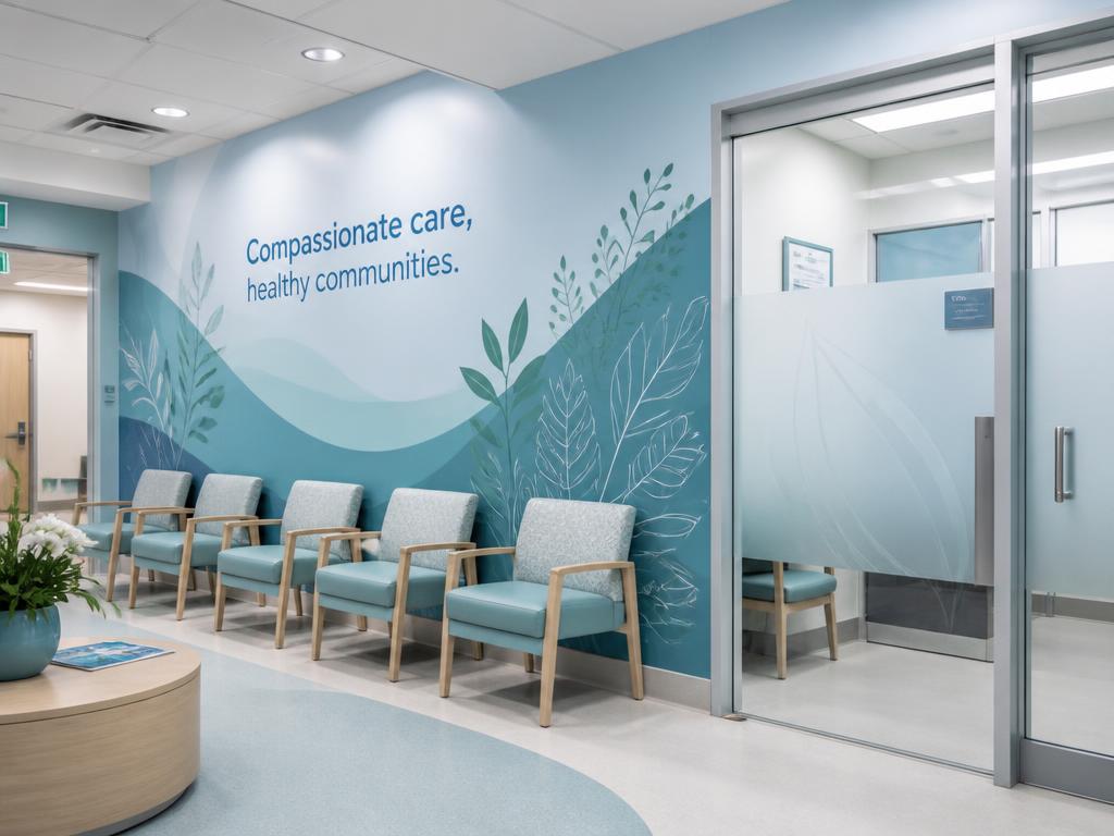 Anti-microbial vinyl wall mural in a hospital waiting area with frosted privacy consultation doors