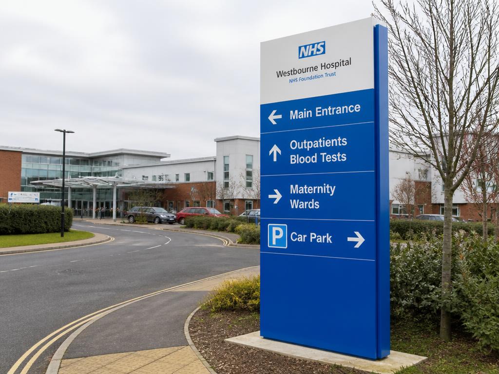 External hospital monolith totem sign showing A&E, outpatients and car park directions
